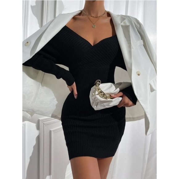 Fitted Off Shoulder Ribbed Sweater Dress Black Fall winter classy sexy evening - Picture 3 of 10